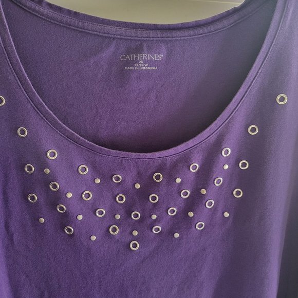 Catherines Purple Silver Boat Neck Blouse Short Sleeve Plus 2X 22/24 W - Picture 2 of 8